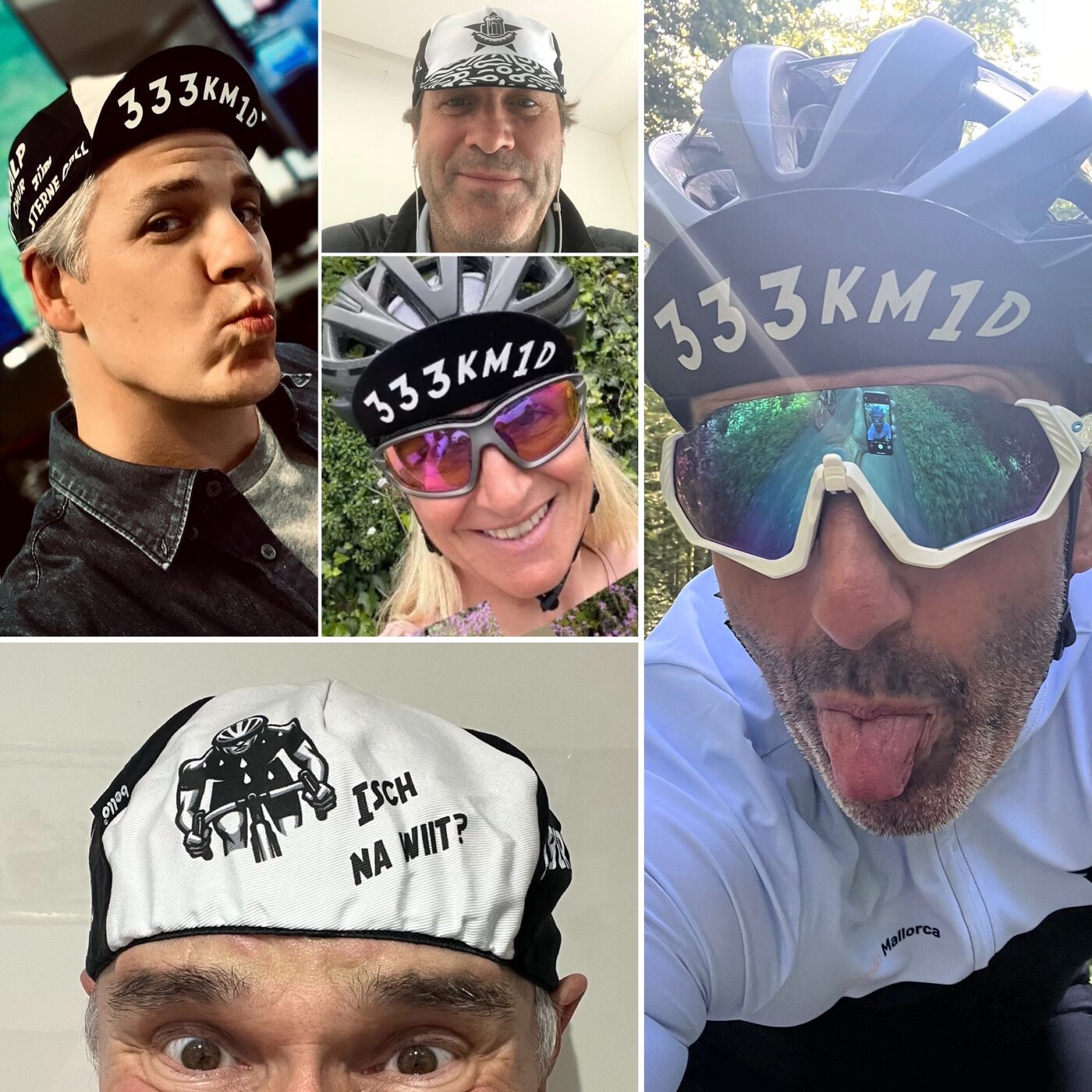 Fünf Selfies von Fahrerinnen und Fahrern mit dem 333km1d-Velo-Chäppli – unter dem Helm, im Büro und auf der Strasse